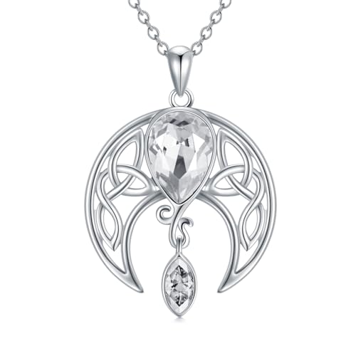AOBOCO Keltische Halskette 925 Sterling Silber Halbmond Mond Anhänger mit Simuliertem Weißer April Keltischer Irischem Schmuck Geschenke für Frauen von AOBOCO