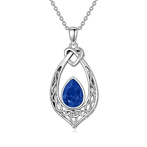 AOBOCO Keltischer Knoten Saphir Blau Halskette 925 Sterling Silber Irischen Anhänger Schmuck mit Geburtsstein September Kristall von AOBOCO