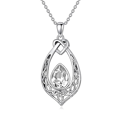 AOBOCO Keltischer Knoten Weißer Halskette 925 Sterling Silber Irischen Anhänger Schmuck mit Weiß April Geburtsstein Kristall von AOBOCO
