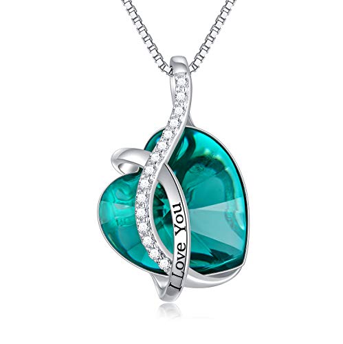 AOBOCO Kette Herz Sterling Silber Ich Liebe Dich Halskette Damen mit Kristallen, Geburtstagsgeschenk für Frauen Freund (l Love You (Simulierter Smaragd)) von AOBOCO