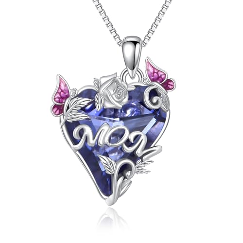 AOBOCO Mutter Halskette 925 Sterling Silber Mama Rosa Schmetterling Lila Herz Kristall Kette Anhänger Muttertag Geburtstag Schmuck Geschenke für Mütter Von der Tochter von AOBOCO