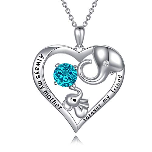 AOBOCO Mutter Kette Sterling Silber Elefant Halskette mit Simulierter Blauer Zirkon Dezember Geburtsstein Kristall, Geburtstag Muttertag Schmuck Geschenke für Mama von Tochter Sohn von AOBOCO