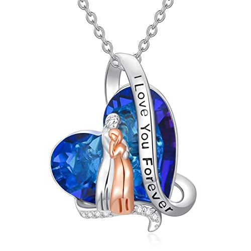 AOBOCO Mutter Tochter Halskette 925 Sterling Silber Mama Herz Kette Halskette Anhänger Halskette mit Blau Saphir Kristall Schmuck Geschenke für Mama von AOBOCO