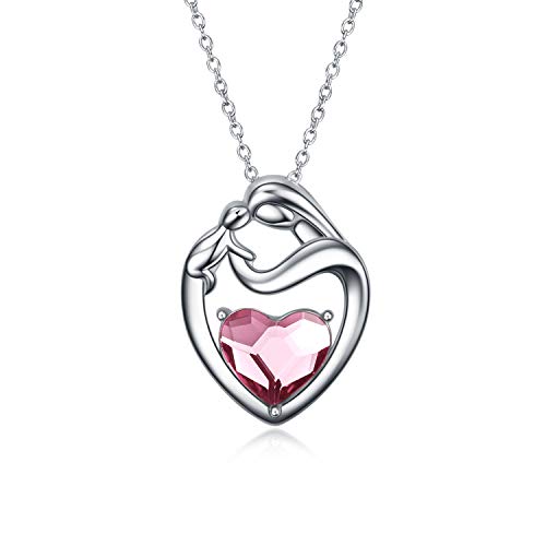 AOBOCO Mutter Tochter Kette Sterling Silber 925 Herz Anhänger Halskette mit Kristallen, Geburtstagsgeschenk für Mama Kinder (Rosa) von AOBOCO