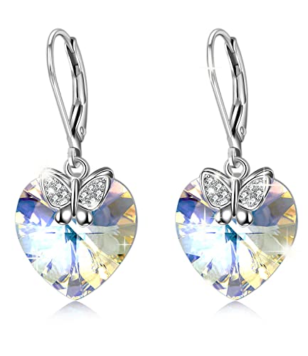 AOBOCO Ohrringe Silber 925 Hängend Damen Kristall Herz Schmetterling Hängeohrringe Earring Sterling Silver Schmuck Geschenke für Frauen von AOBOCO