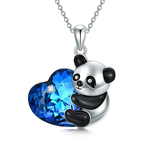 AOBOCO Panda Kette 925 Sterling Silber Tier Anhänger Halskette mit Herz Blau Saphir Kristall, Panda Schmuck Geschenke für Frauen Mädchen Panda Liebhaber von AOBOCO