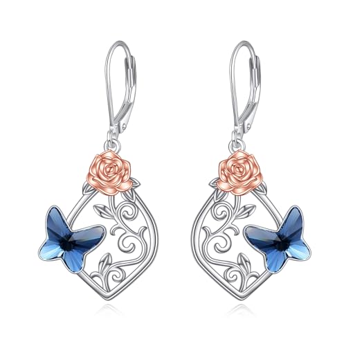 AOBOCO Schmetterling Ohrringe Damen 925 Sterling Silber Rose Blume filigran Leverback Baumeln Tropfen Ohrringe mit Kristall Schmuck Geburtstag Geschenke für Frauen Mädchen von AOBOCO