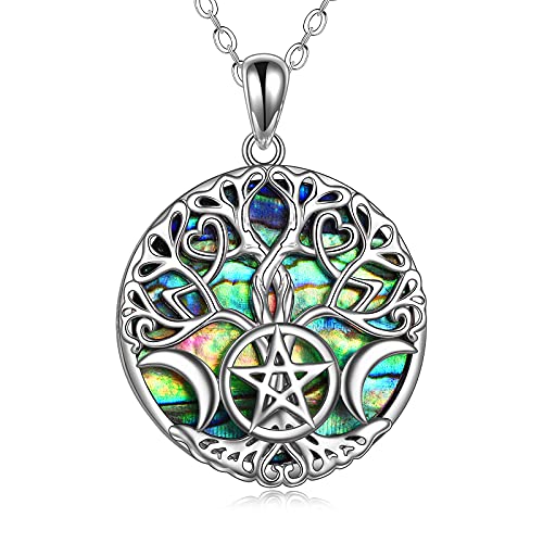 AOBOCO Sterling Silber Baum des Lebens Anhänger Halskette mit Abalone Muscheln Keltischen Knoten Familie Baum Hexen Pentagramm Schmuck für Frauen Geburtstag Weihnachten Geschenke für ihre Mutter Frau von AOBOCO