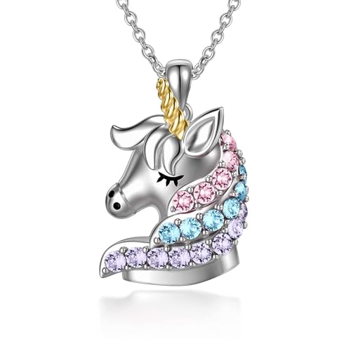 AOBOCO Sterling Silber Einhorn Anhänger Kette mit Kristallen, Einhorn Schmuck Geburtstag Geschenke für Mädchen Frauen Tochter (Mehrfarbig 3) von AOBOCO