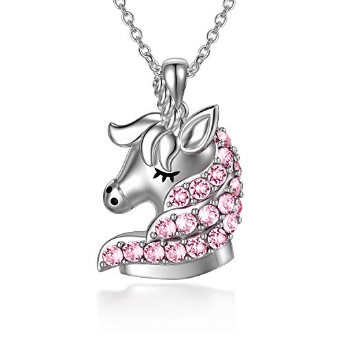 AOBOCO Sterling Silber Einhorn Anhänger Kette mit Kristallen, Einhorn Schmuck Geburtstag Geschenke für Mädchen Frauen Tochter (Rosa) von AOBOCO