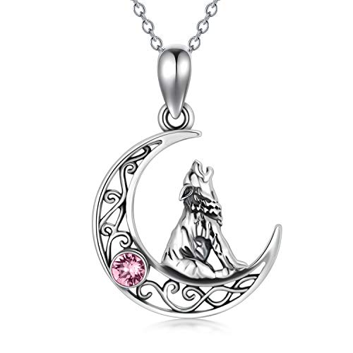 AOBOCO Sterling Silber Mondsichel Wolf Anhänger Kette mit Geburtsstein Kristall, Wolf Schmuck Geschenke für Frauen (10-Rosa-Okt.) von AOBOCO
