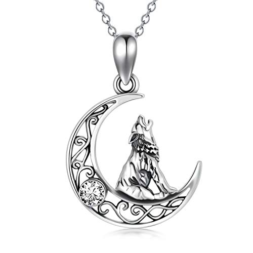 AOBOCO Sterling Silber Mondsichel Wolf Anhänger Kette mit Weiß April Geburtsstein Kristall, Wolf Schmuck Geschenke für Frauen von AOBOCO