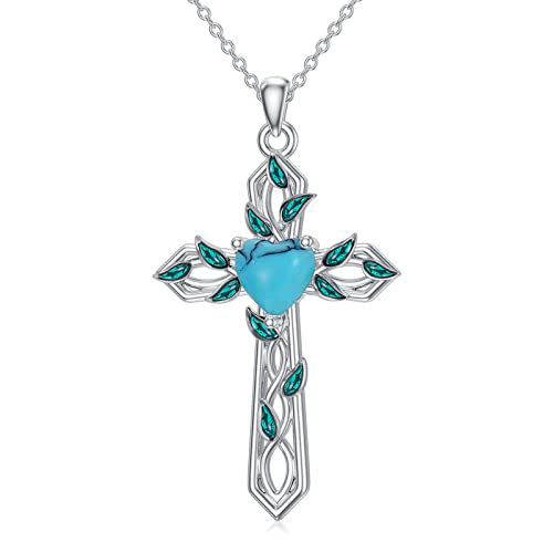 AOBOCO Rose Türkis Kreuz Halskette 925 Sterling Silber Kreuz Ketten für Frauen Mädchen Muttertag Schmuck Geschenke für Muttertag (Turquoise) von AOBOCO