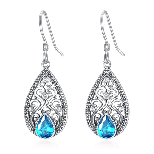 Blauer Zirkon Ohrringe 925 Sterling Silber Vintage-Stil Oxidiert Filigran Tropfen Ohrringe Ohrhänger mit Dezember Geburtsstein Schmuck Geschenke zum Jahrestag für Frauen von AOBOCO
