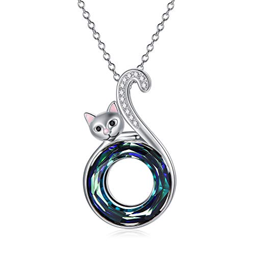 AOBOCO Katze Kette Damen Sterling Silber 925 Katzenanhänger Halskette Katzen Schmuck Geschenke für Katzenliebhaber Frauen Mädchen (Blau) von AOBOCO