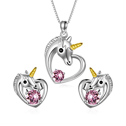 AOBOCO Einhorn Geschenke für Mädchen Frauen, Sterling Silber Einhorn Schmuck Sets, Einhorn Anhänger Kette und Ohrringe von AOBOCO