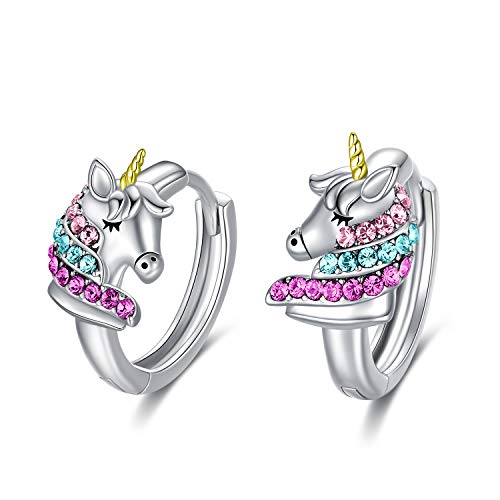 AOBOCO Einhorn Ohrringe Kinder Sterling Silber 925 Creolen mit Rosa Kristallen, Einhorn Schmuck Geburtstagsgeschenk für Mädchen Frauen (Bunt) von AOBOCO