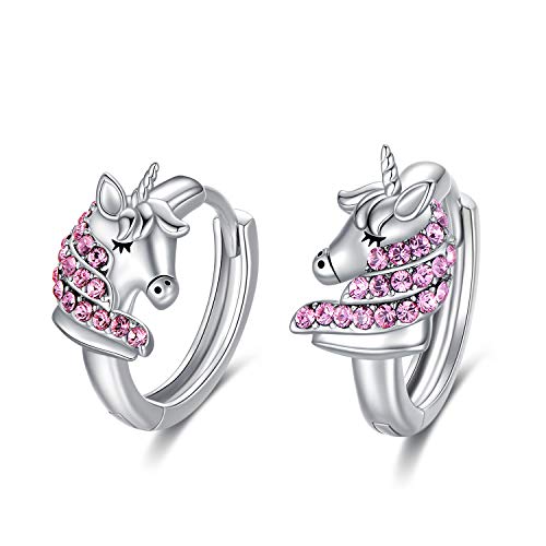 AOBOCO Einhorn Ohrringe Kinder Sterling Silber 925 Creolen mit Rosa Kristallen, Einhorn Schmuck Geburtstagsgeschenk für Mädchen Frauen (Rosa) von AOBOCO