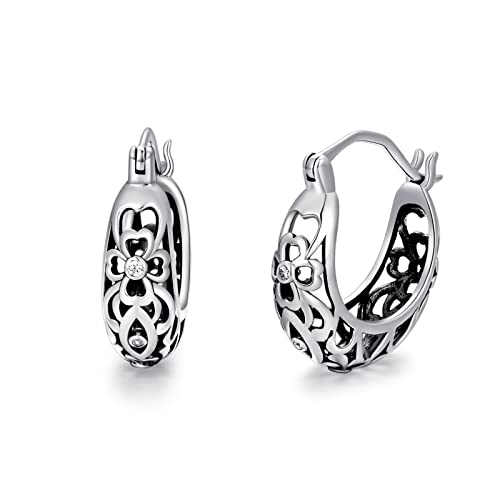 Filigrane Creolen 925 Sterling Silber Vintage Oxidiert Huggie Ohrringe für Damen von AOBOCO