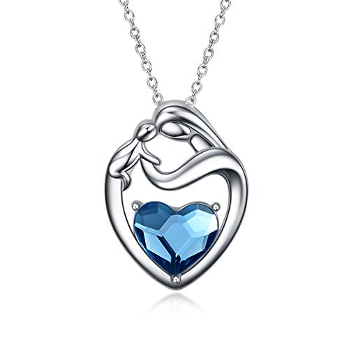 AOBOCO Mutter Tochter Kette Sterling Silber 925 Herz Anhänger Halskette mit Kristallen, Geburtstagsgeschenk für Mama Kinder (Blau) von AOBOCO