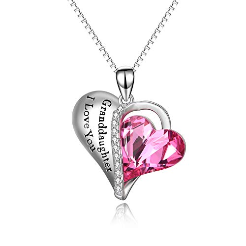 Geschenke für Enkelin, 925 Sterling Silber "Granddaughter I Love You" Herz Anhänger Halskette mit Rosa Austria Kristall, AOBOCO Schmuck Geburtstagsgeschenk für Frauen von AOBOCO