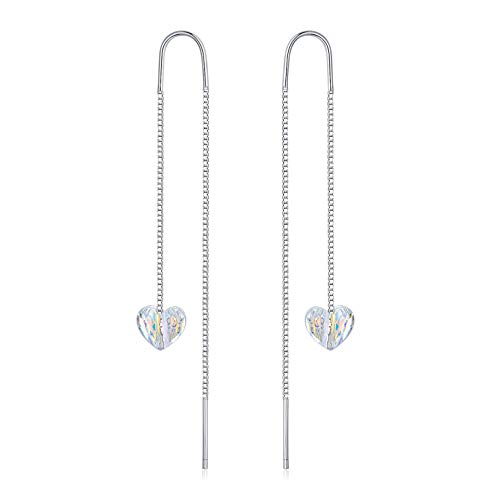 Herz Durchzieher Ohrringe 925 Sterling Silber Einfädler Aurora Borealis Kristallen Lange Kette Quaste Baumeln Tropfen Ohrringe Für Damen von AOBOCO