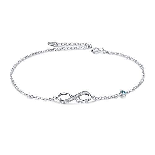 AOBOCO Infinity Fußkettchen Sterling Silber 925 Damen Verstellbare Unendlichkeit Fusskettchen mit Kristallen 27 cm (Simulierter Aquamarin) von AOBOCO