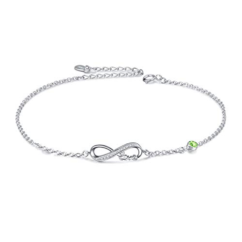 AOBOCO Infinity Fußkettchen Sterling Silber 925 Damen Verstellbare Unendlichkeit Fusskettchen mit Kristallen 27 cm (Simulierter Peridot) von AOBOCO