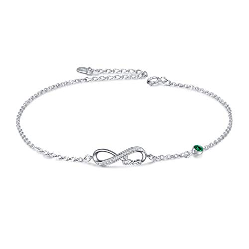 AOBOCO Infinity Fußkettchen Sterling Silber 925 Damen Verstellbare Unendlichkeit Fusskettchen mit Kristallen 27 cm (Simulierter Smaragd) von AOBOCO