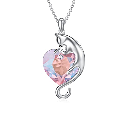 AOBOCO Katze Halskette 925 Sterling Silber Katzen Anhänger Halskette mit Herz Kristall Katzen Geschenke für Frauen Katzenliebhaber(Rosa) von AOBOCO