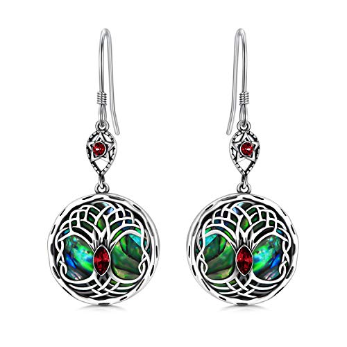 AOBOCO Keltisch Baum des Lebens Ohrringe 925 Sterling Silber Lebensbaum Ohrringe Damen, Geburtstagsschmuck Geschenke für Frauen (Simulierter Granat) von AOBOCO