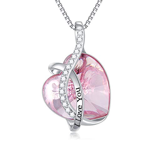 Kette Herz Sterling Silber "Ich Liebe Dich" Halskette Damen mit Kristallen, Geburtstagsgeschenk für Frauen Freund (l Love You (Rosa)) von AOBOCO