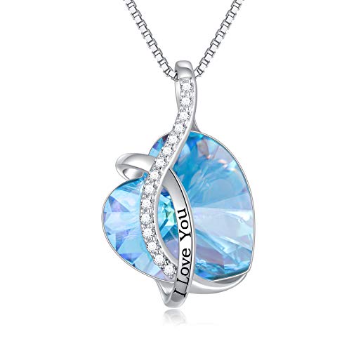 Kette Herz Sterling Silber "Ich Liebe Dich" Halskette Damen mit Kristallen, Geburtstagsgeschenk für Frauen Freund (l Love You (Simulierter Aquamarin)) von AOBOCO