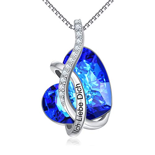 AOBOCO Kette Herz Sterling Silber Ich Liebe Dich Halskette Damen mit Kristallen, Geburtstagsgeschenk für Frauen Freund (Ich Liebe Dich (Blau)) von AOBOCO
