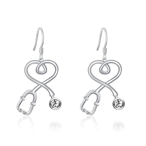 Krankenschwester Ohrringe 925 Sterling Silber Stethoskop Baumelnde Tropfenohrringe mit Geburtsstein Geschenk für Arzt Krankenschwester Medizinstudent-April Weiß von AOBOCO