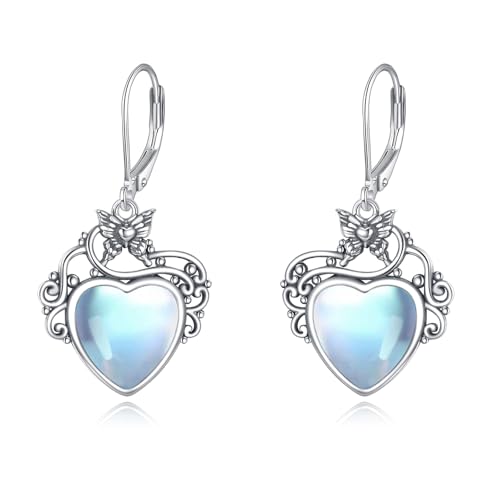 Mondstein Ohrringe 925 Sterling Silber Herz Schmetterling Baumelnde Tropfen Leverback Ohrhänger mit 10mm Mondstein Geburtstagsschmuck Geschenke für Damen von AOBOCO