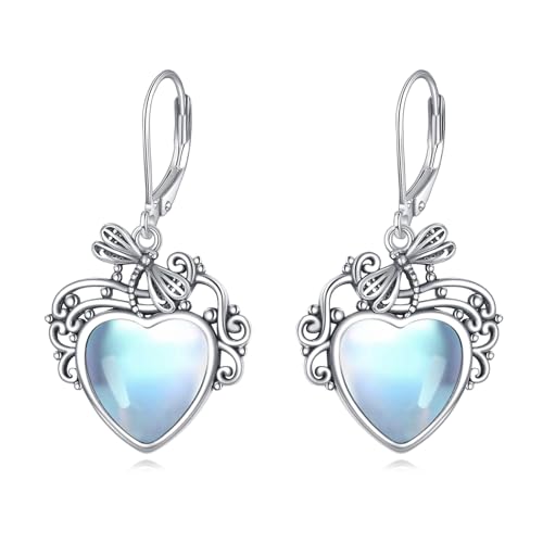 Mondstein Ohrringe 925 Sterling Silber Libelle Vintage Filigran Baumelnde Tropfen Leverback Ohrhänger mit 10mm Herz Mondstein Geburtstagsschmuck Geschenke für Damen von AOBOCO