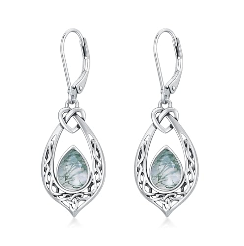 Moosachat Ohrringe 925 Sterling Silber Oxidierter Keltischer Knoten Vintage Ohrhänger mit Klapphebel Geburtstagsschmuck Geschenke für Frauen von AOBOCO