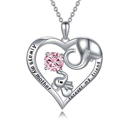 AOBOCO Mutter Kette Sterling Silber Elefant Halskette mit Rosa Oktober Geburtsstein Kristall, Geburtstag Muttertag Schmuck Geschenke für Mama von Tochter Sohn von AOBOCO