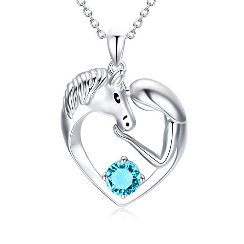AOBOCO 925 Sterling Silber Pferde Kette mit Simulierter Blauer Zirkon Dezember Geburtsstein Kristall, Pferde Schmuck Geschenke für Mädchen Frauen von AOBOCO