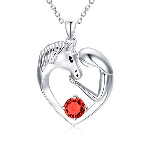 AOBOCO 925 Sterling Silber Pferde Kette Mädchen mit Simulierter Granat Januar Geburtsstein Kristall, Pferde Schmuck Geschenke für Mädchen Frauen von AOBOCO