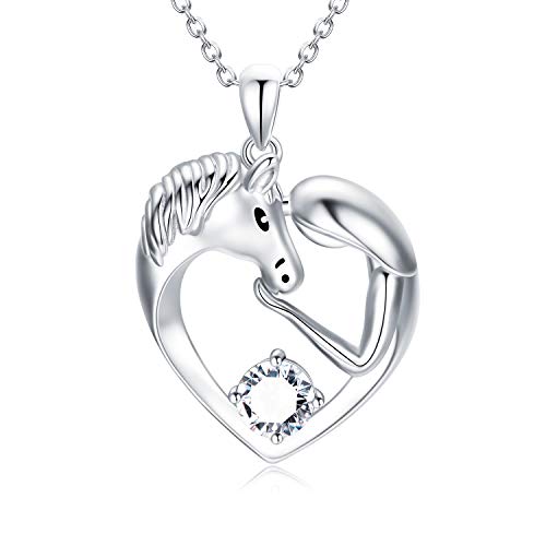 AOBOCO 925 Sterling Silber Pferde Kette mit Weiß April Geburtsstein Kristall, Pferde Schmuck Geschenke für Mädchen Frauen von AOBOCO