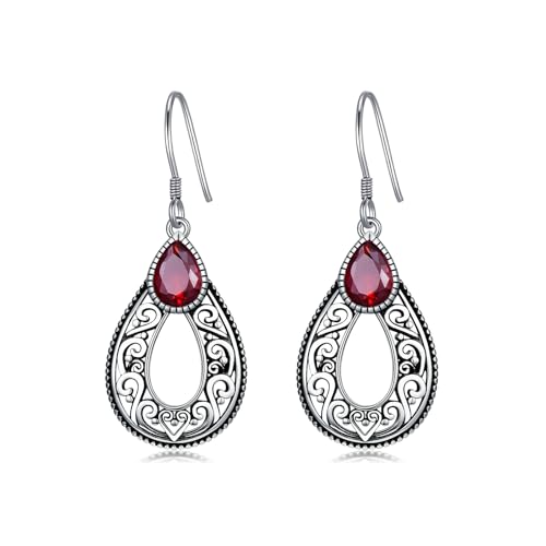 Rote Granat Ohrringe 925 Sterling Silber Filigran Vintage Retro Stil Tropfen Ohrhänger mit Januar Geburtsstein Schmuckgeschenke zum Jahrestag für Frauen von AOBOCO
