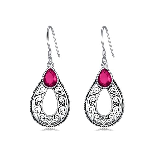 Rubin Rot Ohrringe 925 Sterling Silber Filigran Vintage Retro Stil Tropfen Ohrhänger mit Juli Geburtsstein Schmuckgeschenke zum Jahrestag für Frauen von AOBOCO