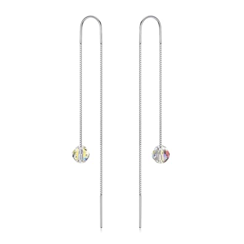 Runde Kristall Perle Durchzieher Ohrringe 925 Sterling Silber Einfädler Aurora Borealis Kristallen Lange Kette Quaste Baumeln Tropfen Ohrringe Für Damen von AOBOCO