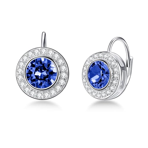 Saphir Blau Halo Ohrringe 925 Sterling Silber Klassische Rundem Schliff Leverback Ohrringe mit September Geburtsstein Geburtstagsschmuckgeschenke für Frauen von AOBOCO