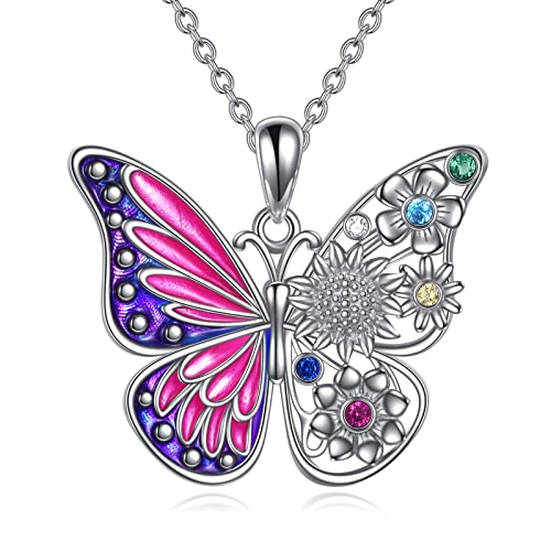 AOBOCO Schmetterling Halskette Halskette mit blauem Farbverlauf 925 Sterling Silber Schmetterlings Schmuck Geschenke für Frauen (Blumen Geburtsstein) von AOBOCO