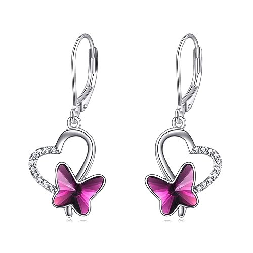 AOBOCO Schmetterling Ohrringe Damen 925 Sterling Silber Leverback Herz Ohrringe Baumeln Tropfen mit Lila Kristall aus Österreich Geburtstags Geschenke für Frauen Mädchen Frau Tochter Freundin von AOBOCO