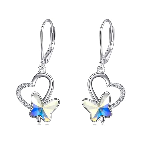 AOBOCO Schmetterling Ohrringe Damen 925 Sterling Silber Leverback Herz Ohrringe Baumeln Tropfen mit Nordlicht Kristall aus Österreich Geburtstags Geschenke für Frauen Mädchen Frau Tochter Freundin von AOBOCO