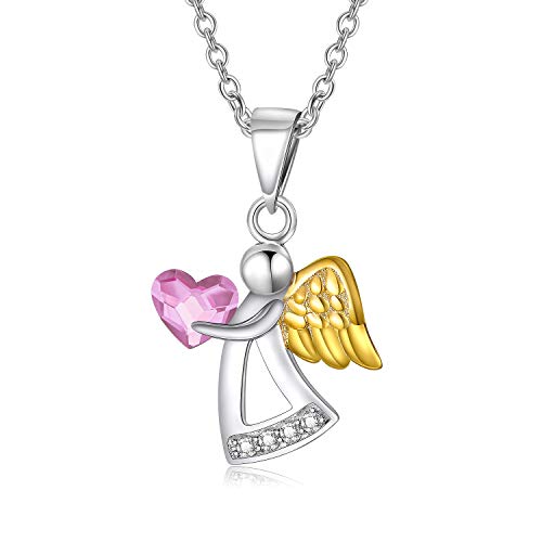 AOBOCO Schutzengel Kette Sterling Silber 925 Engel Anhänger Halskette mit Kristallen, Taufe Kommunion Geburtstagsgeschenke für Mädchen Kinder (Rosa) von AOBOCO